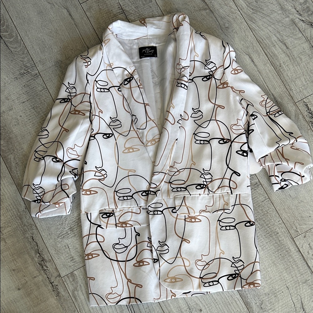 Abstract Face Print Blazer - White and Brown